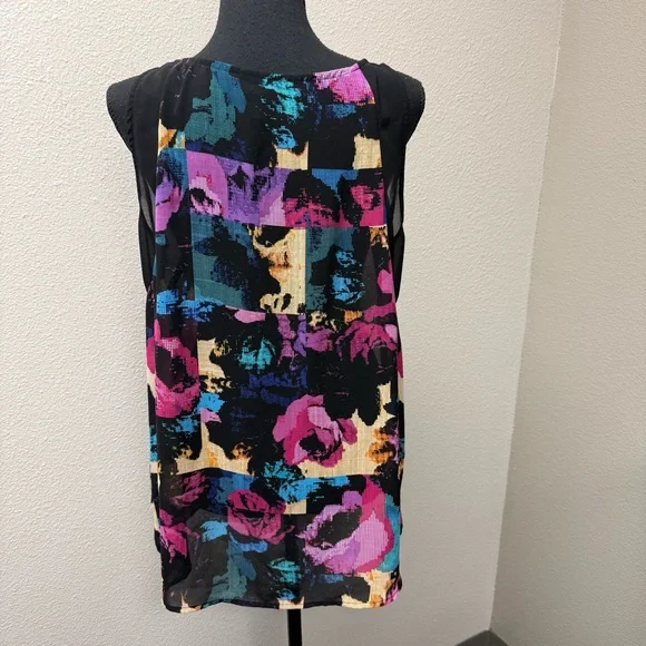 Nicole by Nicole Miller Black Purple Abstract Sleeveless Blouse L - Picture 5 of 9